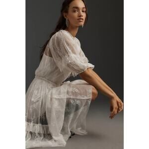 Anthropologie LET ME BE Short-Sleeve Ruffle Lace Maxi Dress in White M NWT $198